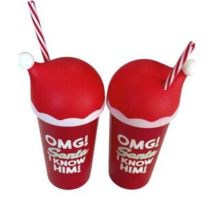 Set of 2 "OMG! Santa I Know Him" Festive Christmas Red Hat Cups w/‎ Straws 16 oz